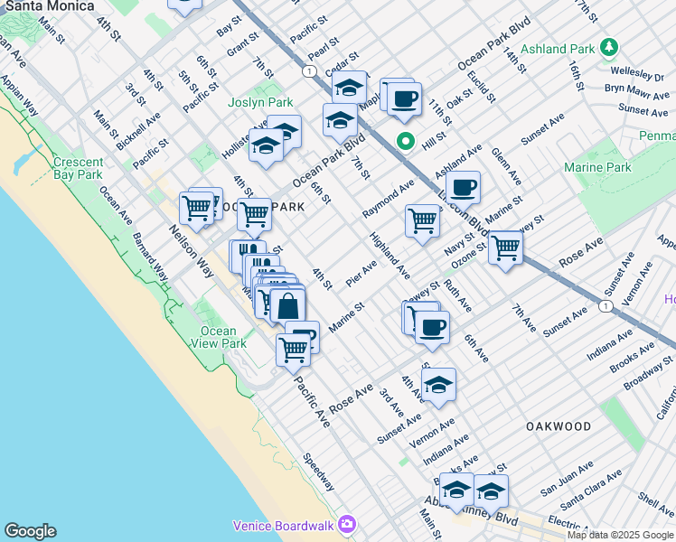 map of restaurants, bars, coffee shops, grocery stores, and more near 504 Ashland Avenue in Santa Monica
