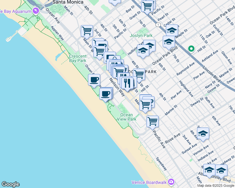 map of restaurants, bars, coffee shops, grocery stores, and more near 156 Fraser Avenue in Santa Monica