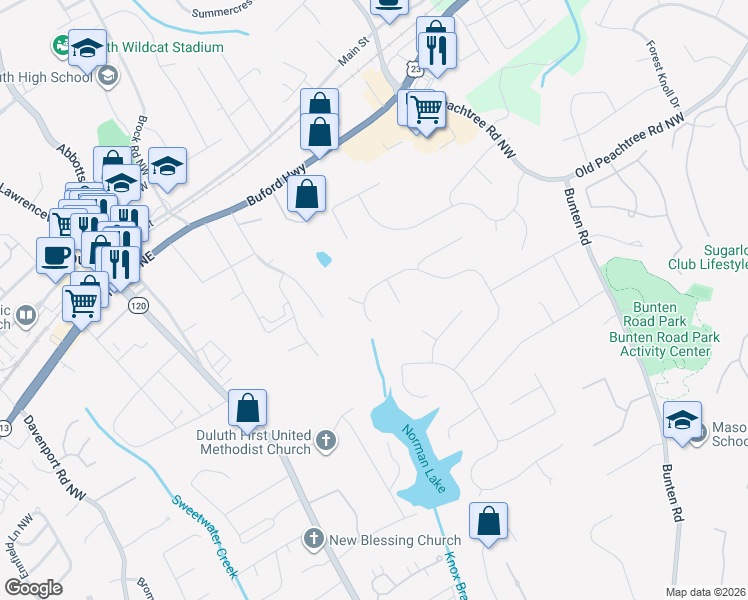 map of restaurants, bars, coffee shops, grocery stores, and more near 2599 Kenwood Drive in Duluth