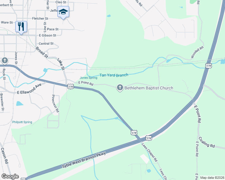 map of restaurants, bars, coffee shops, grocery stores, and more near 132 East Point Road in Cedartown