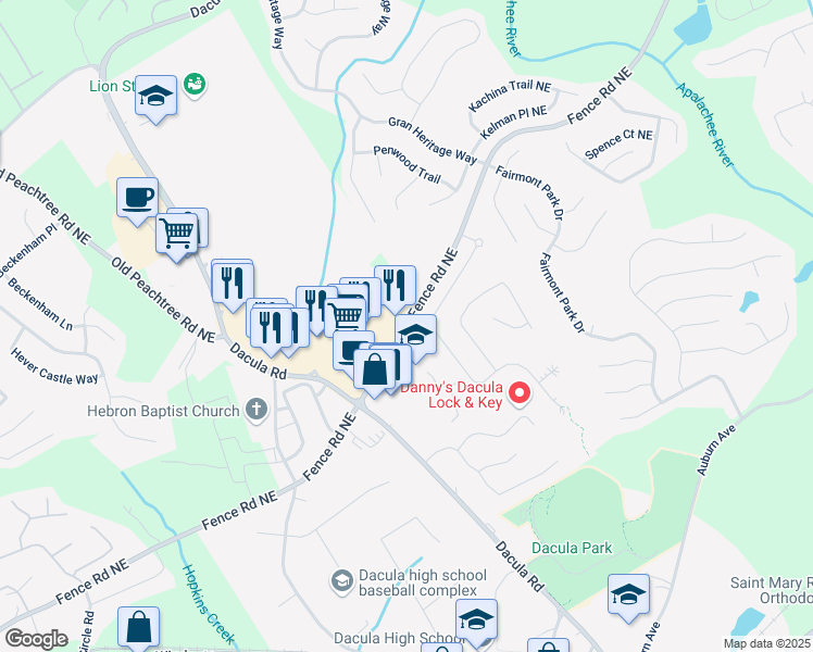 map of restaurants, bars, coffee shops, grocery stores, and more near 2558 Fence Road Northeast in Dacula