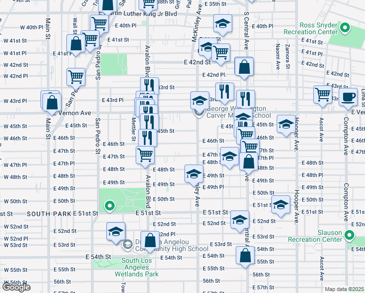 map of restaurants, bars, coffee shops, grocery stores, and more near 768 46th Street in Los Angeles