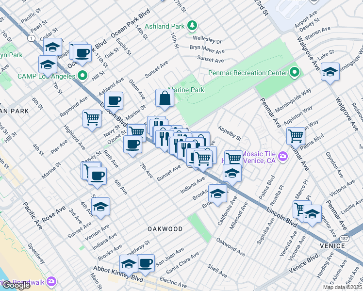map of restaurants, bars, coffee shops, grocery stores, and more near 829 Flower Avenue in Los Angeles