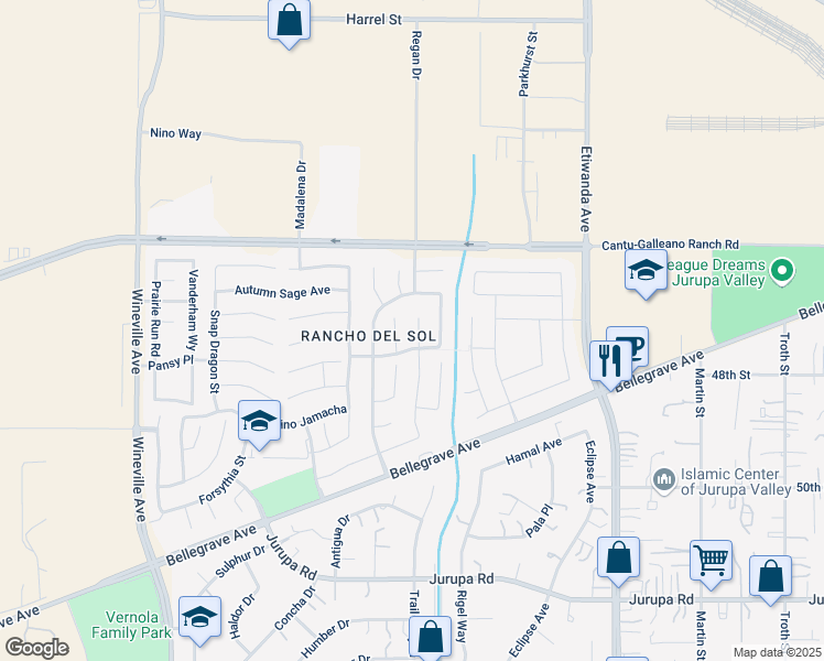 map of restaurants, bars, coffee shops, grocery stores, and more near 4712 Marrieta Street in Jurupa Valley