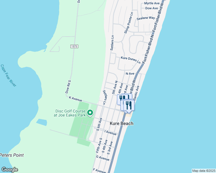 map of restaurants, bars, coffee shops, grocery stores, and more near 213 Settlers Lane in Kure Beach