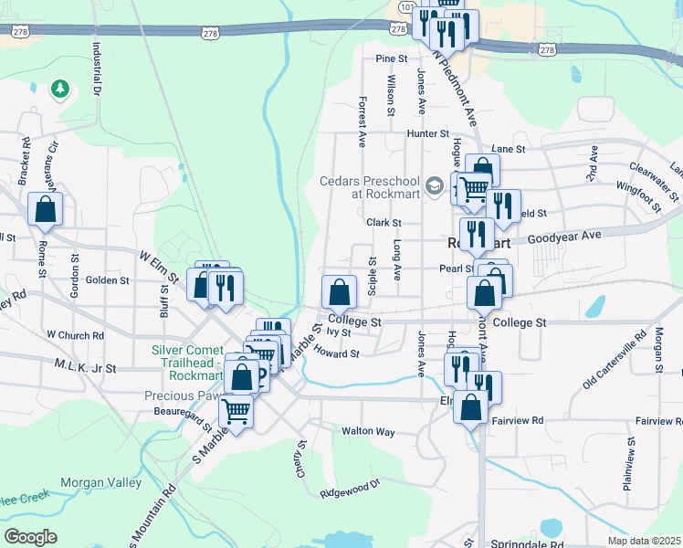 map of restaurants, bars, coffee shops, grocery stores, and more near 119 Pearl Street in Rockmart