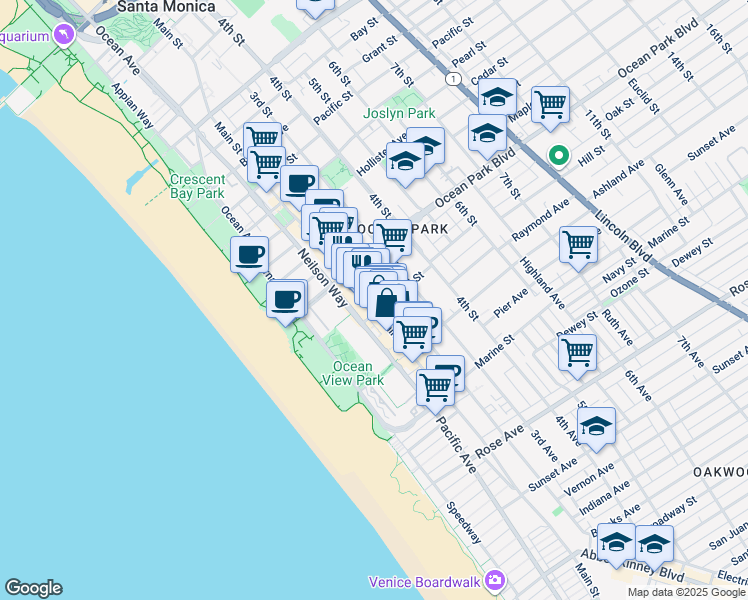 map of restaurants, bars, coffee shops, grocery stores, and more near 2621 2nd Street in Santa Monica