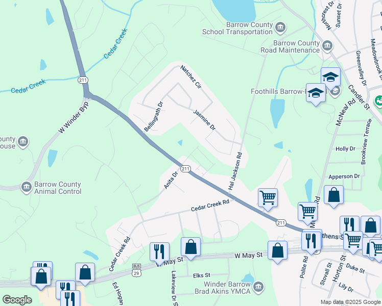 map of restaurants, bars, coffee shops, grocery stores, and more near 305 Georgia Highway 211 in Winder