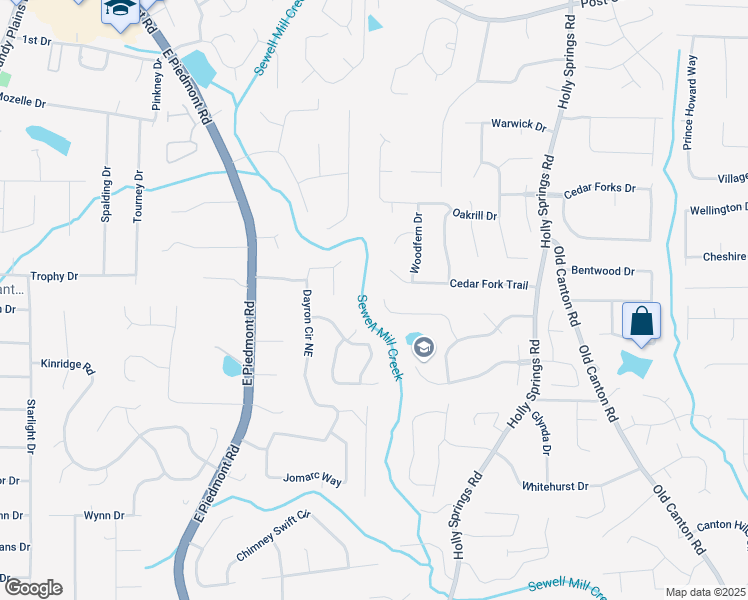 map of restaurants, bars, coffee shops, grocery stores, and more near 2142 Dayron Circle Northeast in Marietta