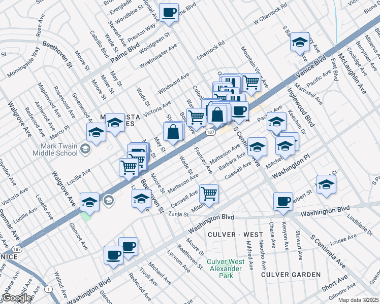 map of restaurants, bars, coffee shops, grocery stores, and more near Verona Court in Carson