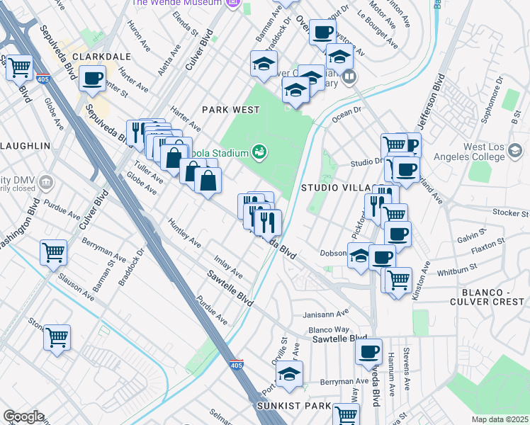 map of restaurants, bars, coffee shops, grocery stores, and more near 11151 Lucerne Avenue in Culver City