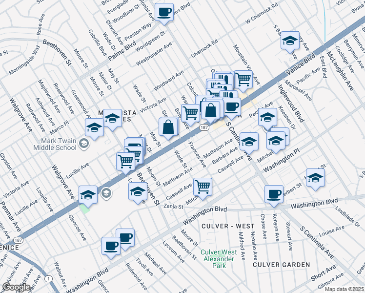 map of restaurants, bars, coffee shops, grocery stores, and more near 12618 Venice Boulevard in Los Angeles
