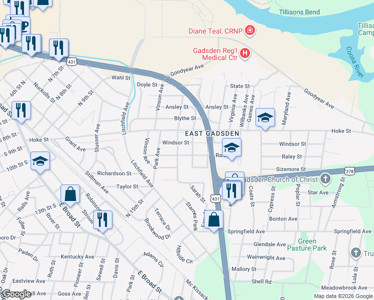 map of restaurants, bars, coffee shops, grocery stores, and more near 704 Windsor Street in Gadsden