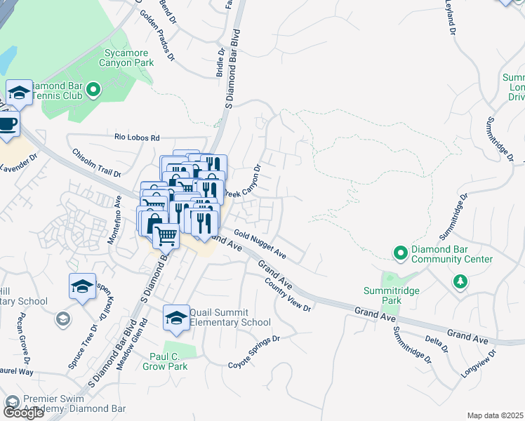 map of restaurants, bars, coffee shops, grocery stores, and more near 23640 Monument Canyon Drive in Diamond Bar