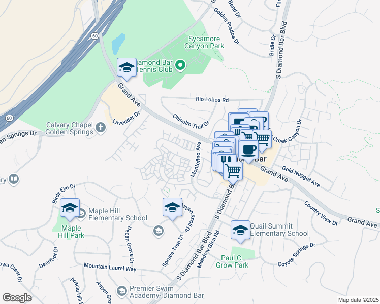 map of restaurants, bars, coffee shops, grocery stores, and more near in Diamond Bar