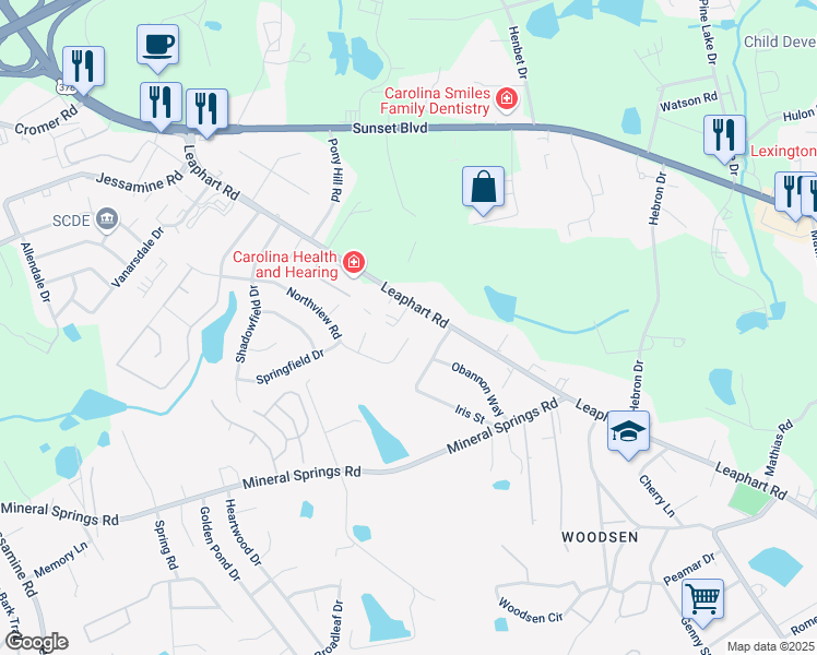 map of restaurants, bars, coffee shops, grocery stores, and more near 3469 Leaphart Road in West Columbia