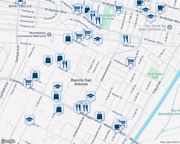 map of restaurants, bars, coffee shops, grocery stores, and more near 720 South Taylor Avenue in Montebello