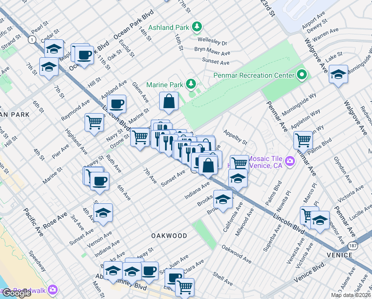 map of restaurants, bars, coffee shops, grocery stores, and more near 829 Flower Avenue in Los Angeles