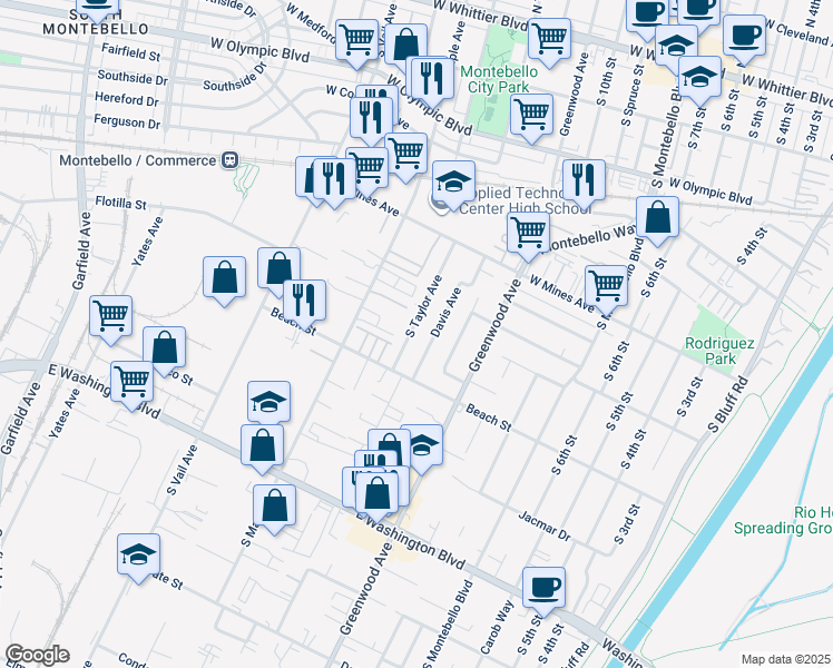 map of restaurants, bars, coffee shops, grocery stores, and more near 720 South Taylor Avenue in Montebello