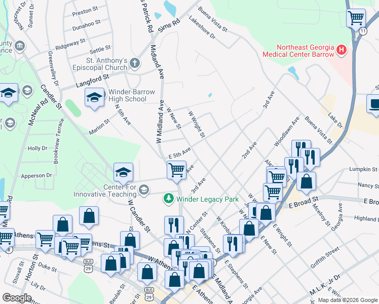 map of restaurants, bars, coffee shops, grocery stores, and more near 132 W New St in Winder