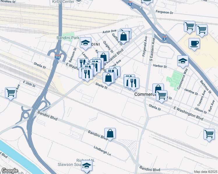 map of restaurants, bars, coffee shops, grocery stores, and more near 5274 East Washington Boulevard in Commerce