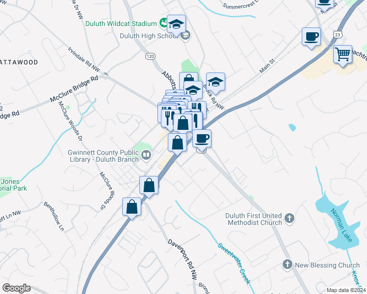 map of restaurants, bars, coffee shops, grocery stores, and more near 3120 Buford Highway in Duluth