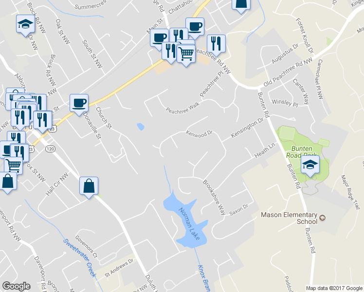 map of restaurants, bars, coffee shops, grocery stores, and more near 3313 Lancing Court in Duluth