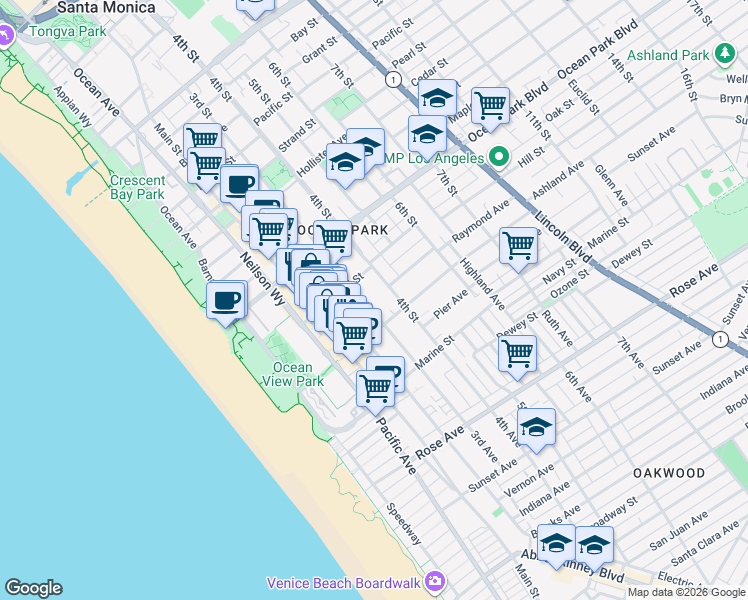 map of restaurants, bars, coffee shops, grocery stores, and more near 2704 Hill Street in Santa Monica