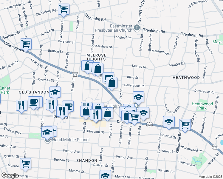 map of restaurants, bars, coffee shops, grocery stores, and more near 3101 Carlisle Street in Columbia
