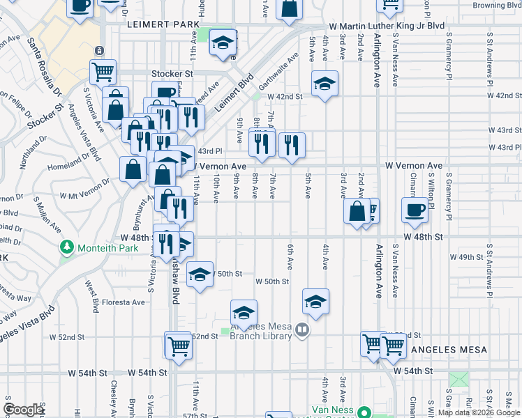 map of restaurants, bars, coffee shops, grocery stores, and more near 4614 8th Avenue in Los Angeles