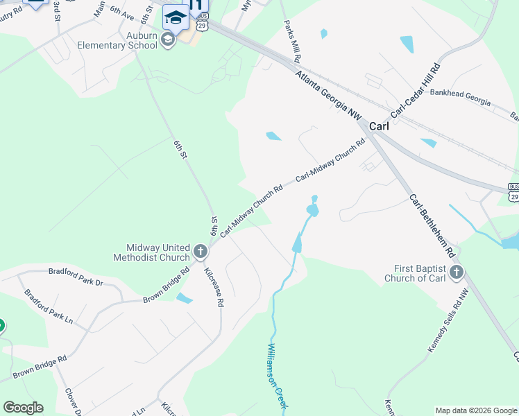 map of restaurants, bars, coffee shops, grocery stores, and more near 114 Carl-Midway Church Road in Auburn