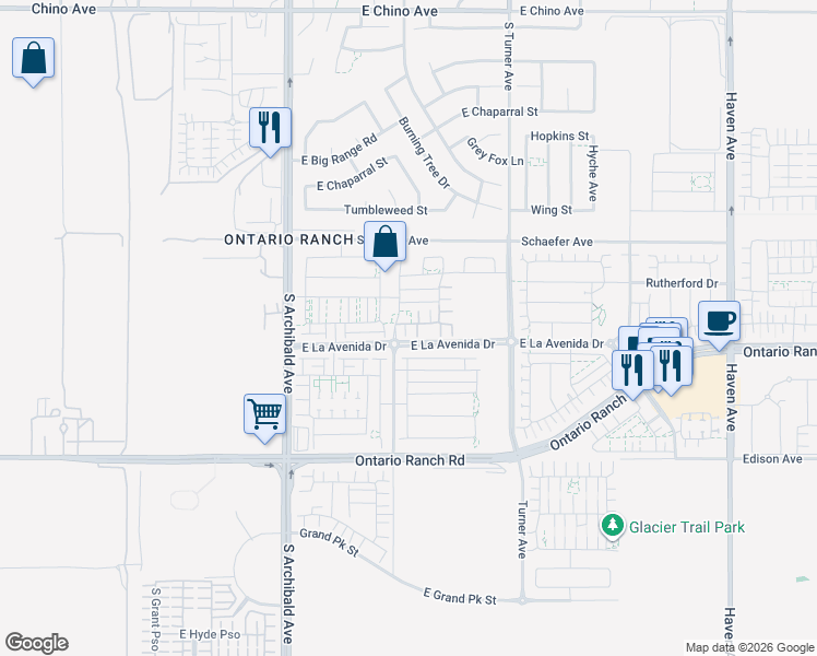 map of restaurants, bars, coffee shops, grocery stores, and more near 13731 South Archibald Avenue in Ontario