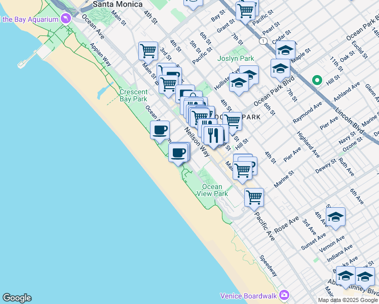 map of restaurants, bars, coffee shops, grocery stores, and more near 133 Ocean Park Boulevard in Santa Monica