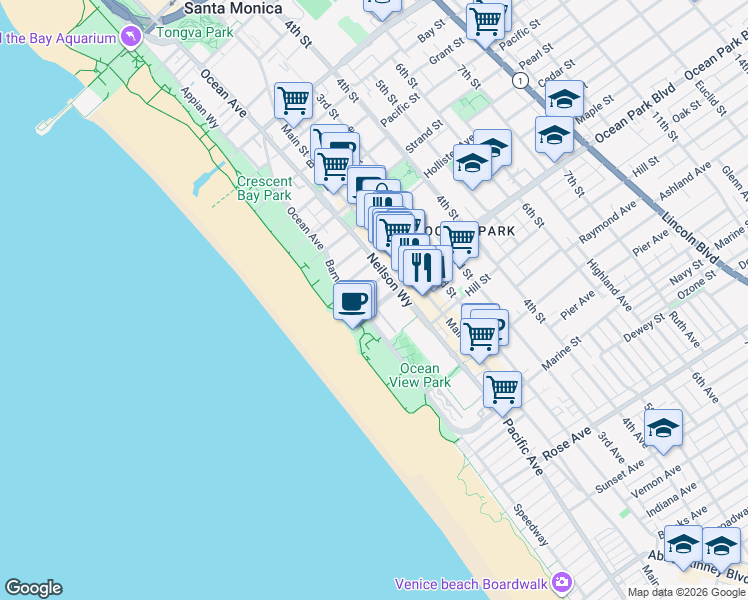 map of restaurants, bars, coffee shops, grocery stores, and more near 133 Ocean Park Boulevard in Santa Monica