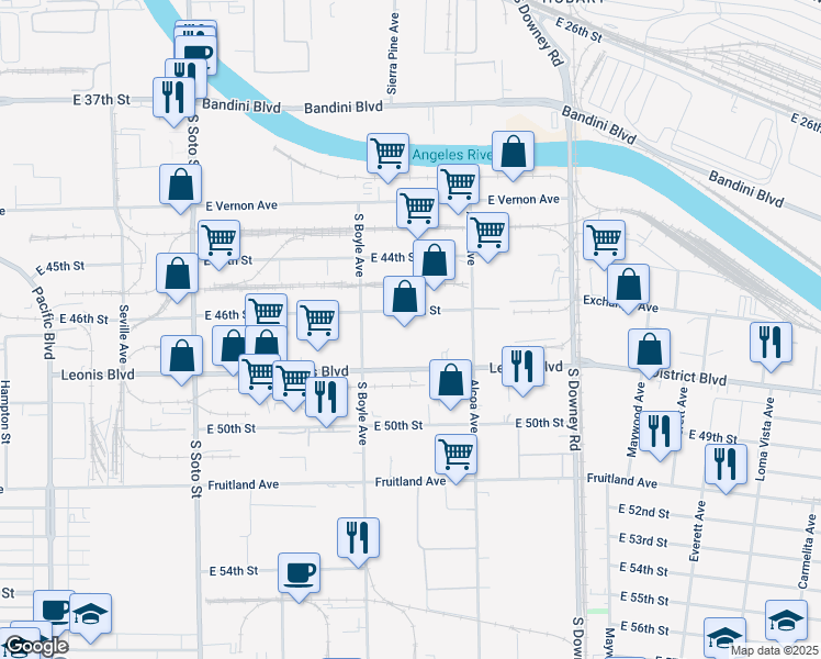 map of restaurants, bars, coffee shops, grocery stores, and more near 3150 East 46th Street in Vernon