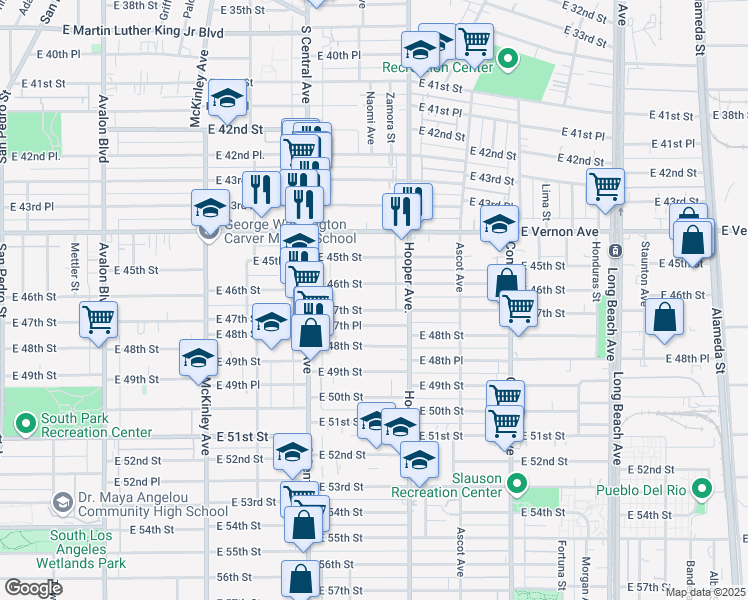 map of restaurants, bars, coffee shops, grocery stores, and more near 1225 East 47th Street in Los Angeles