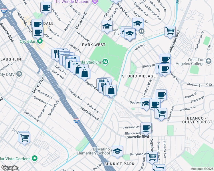 map of restaurants, bars, coffee shops, grocery stores, and more near 11151 Lucerne Avenue in Culver City
