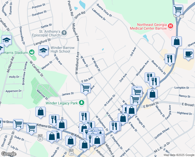 map of restaurants, bars, coffee shops, grocery stores, and more near 130 West Wright Street in Winder