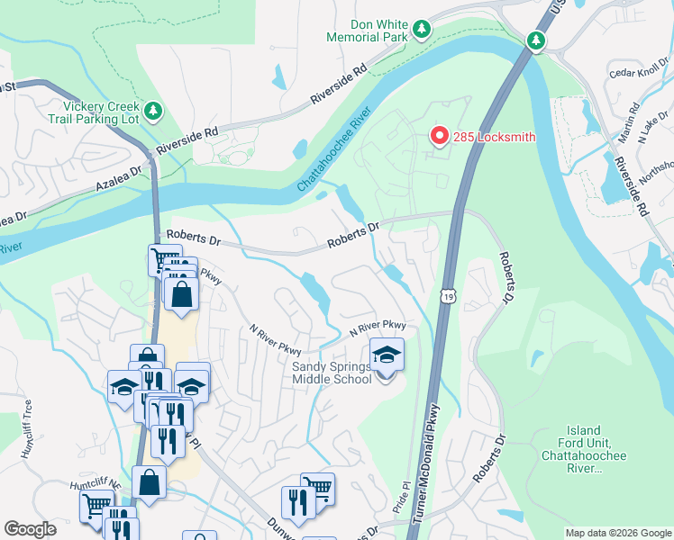 map of restaurants, bars, coffee shops, grocery stores, and more near 9560 Roberts Drive in Atlanta