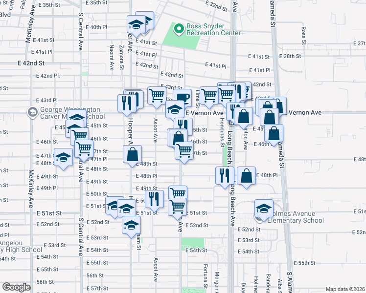 map of restaurants, bars, coffee shops, grocery stores, and more near 4601 Compton Avenue in Los Angeles