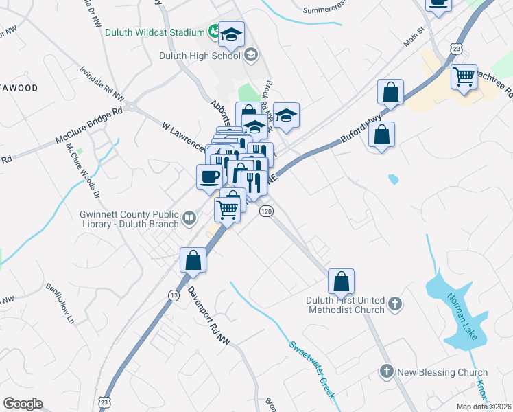 map of restaurants, bars, coffee shops, grocery stores, and more near 3096 Buford Highway in Duluth