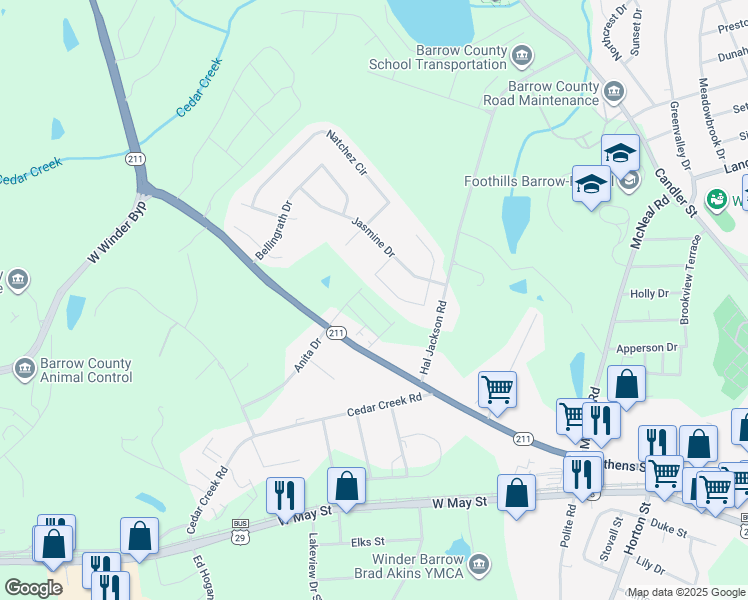 map of restaurants, bars, coffee shops, grocery stores, and more near 229 Bayou Lane in Winder