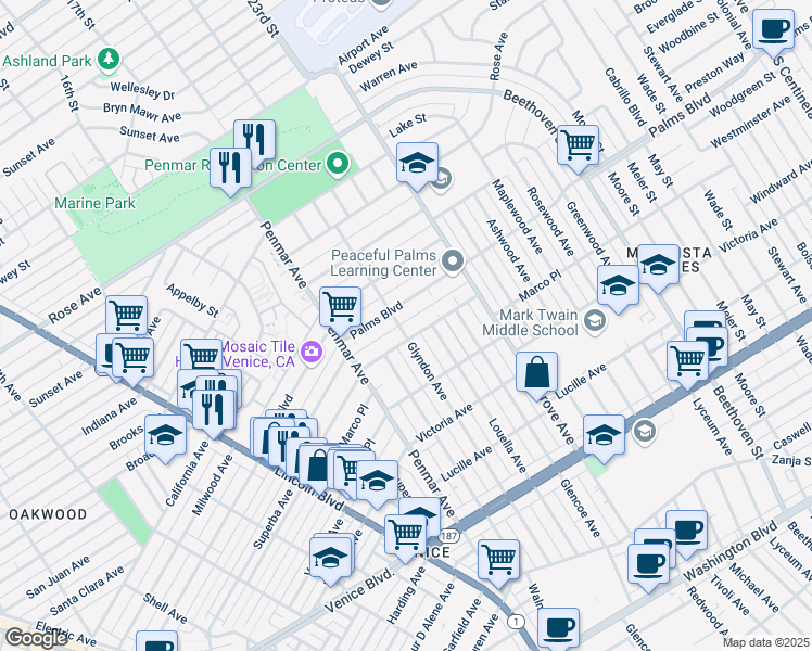 map of restaurants, bars, coffee shops, grocery stores, and more near 1308 Palms Boulevard in Los Angeles
