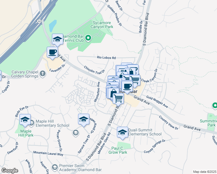 map of restaurants, bars, coffee shops, grocery stores, and more near 1020 Grand Avenue in Diamond Bar