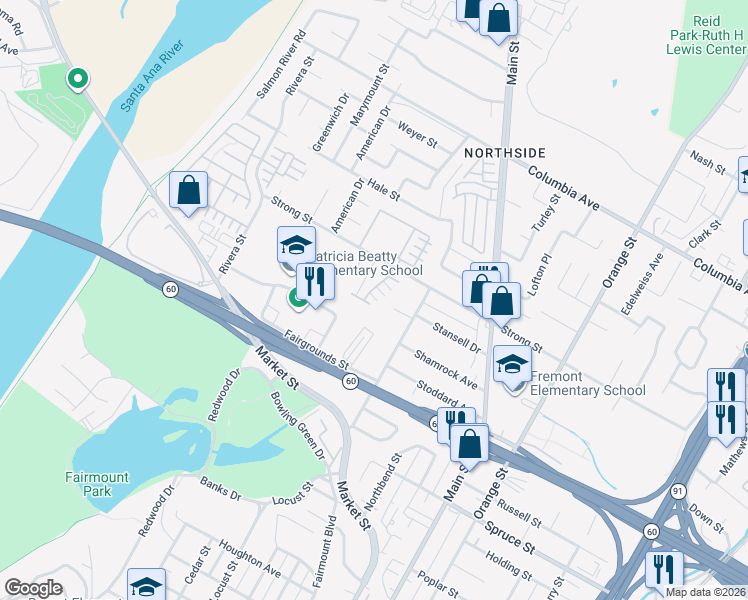 map of restaurants, bars, coffee shops, grocery stores, and more near 4054 Strong Street in Riverside