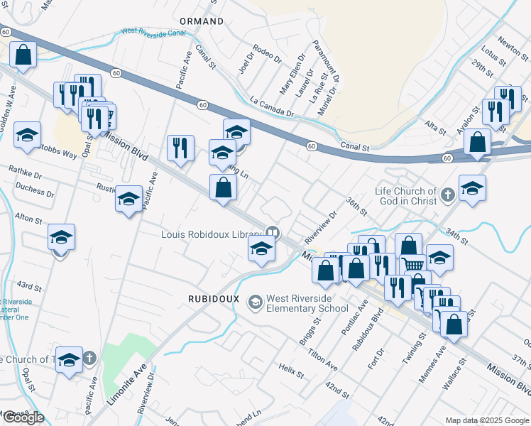 map of restaurants, bars, coffee shops, grocery stores, and more near 3724 La Rue Street in Riverside