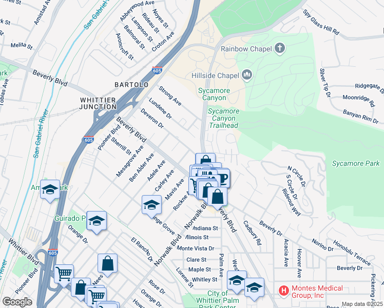 map of restaurants, bars, coffee shops, grocery stores, and more near 10459 Deveron Drive in Whittier