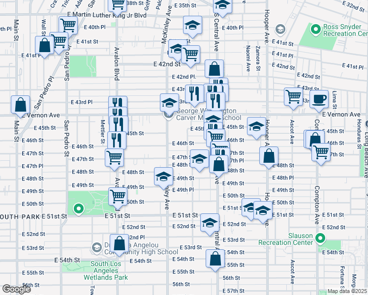 map of restaurants, bars, coffee shops, grocery stores, and more near 888 East 46th Street in Los Angeles