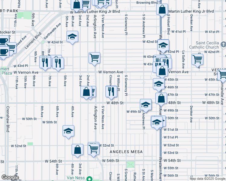 map of restaurants, bars, coffee shops, grocery stores, and more near 4527 South Wilton Place in Los Angeles