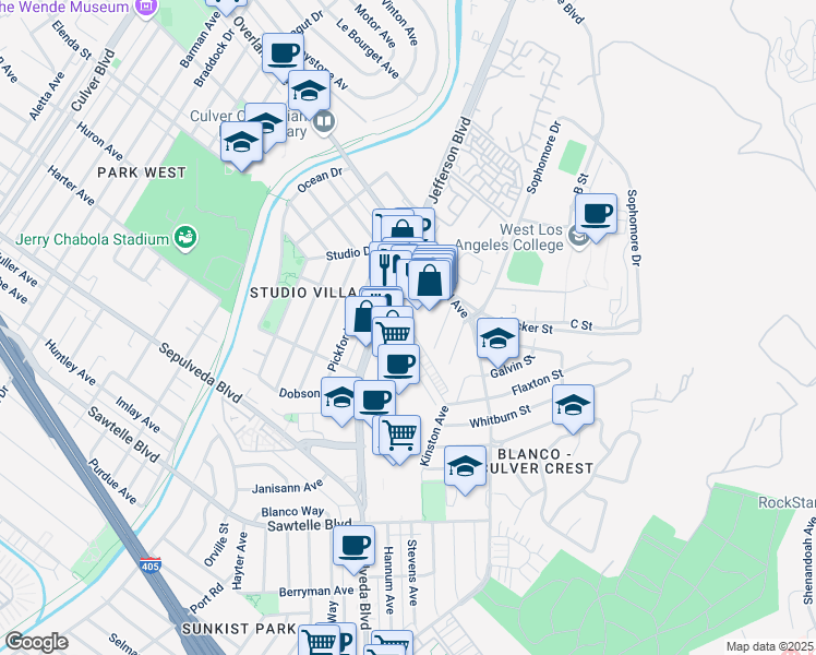 map of restaurants, bars, coffee shops, grocery stores, and more near 10742 Jefferson Boulevard in Culver City